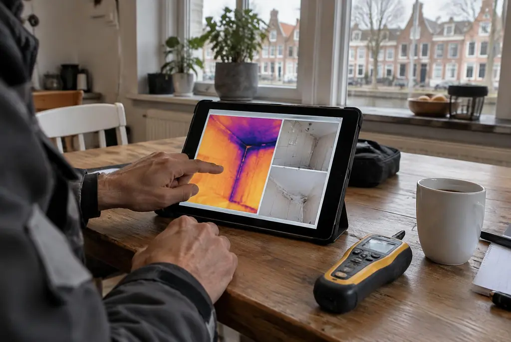 Lekdetectie Aalsmeer – lekdetectierapport met warmtebeelden en foto's op een tablet