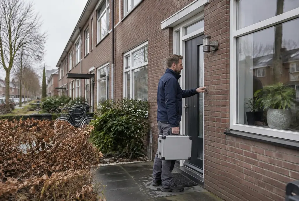 Lekdetectiespecialist met meetkoffer bij de voordeur van een woning in Aalsmeer